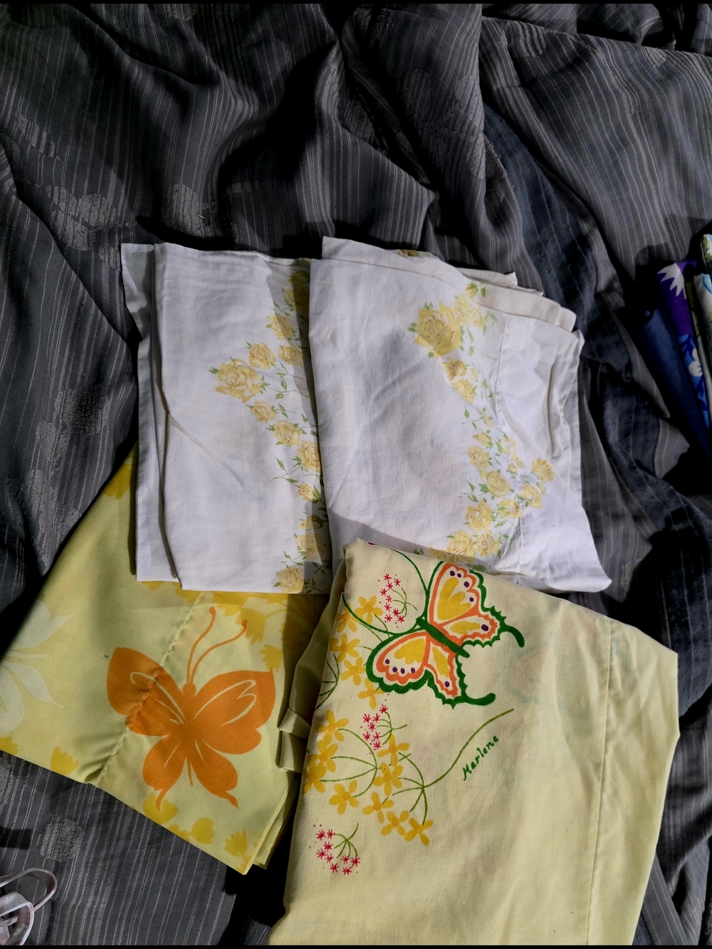 Vintage Pillowcases Yellow Orange White BUTTERFLIES ROSES